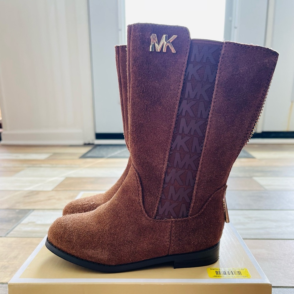 Michael Kors Emma Chey Suede Caramel Tall Zip Boots Girls NEW
